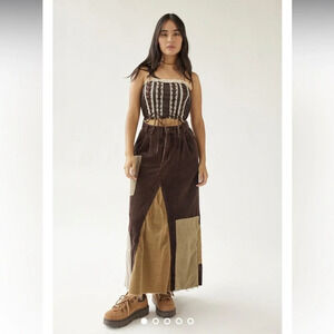 Corduroy Patch Maxi Skirt Brown Tan Size 6 EU36